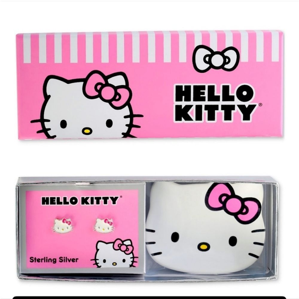 Hello Kitty Sterling Silver Enamel Stud Logo Earrings & Ceramic Plate